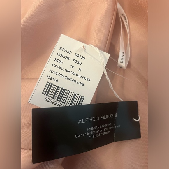 Alfred Sung NWT Draped One Shoulder Satin Maxi Dress w/ Pockets Toasted Sugar - Picture 7 of 10